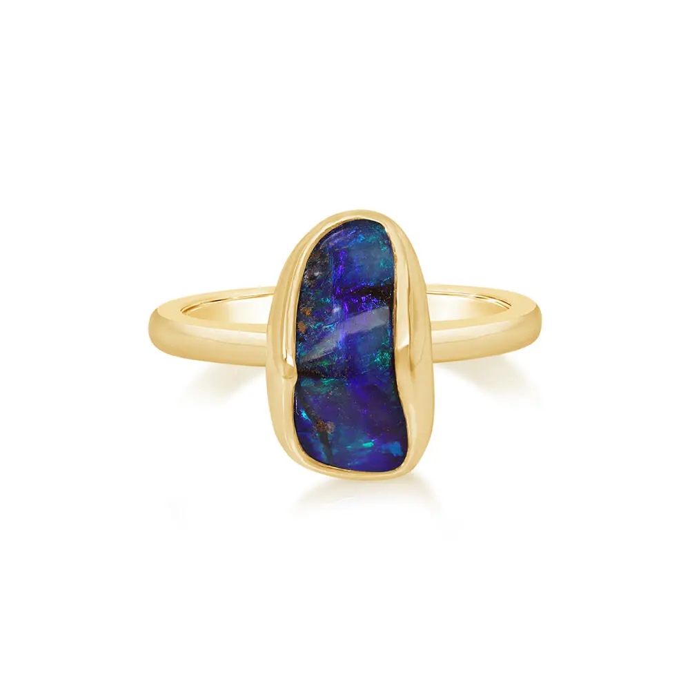 14K Yellow Gold Australian Boulder Opal Smooth Shank Ring 14K Yellow Gold Australian Boulder Opal Smooth Shank Ring
