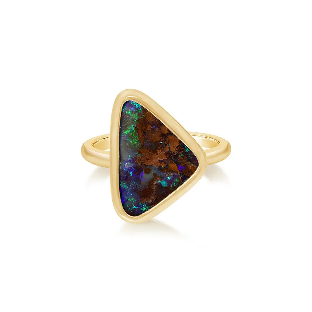 14K Yellow Gold Australian Boulder Opal Smooth Shank Ring