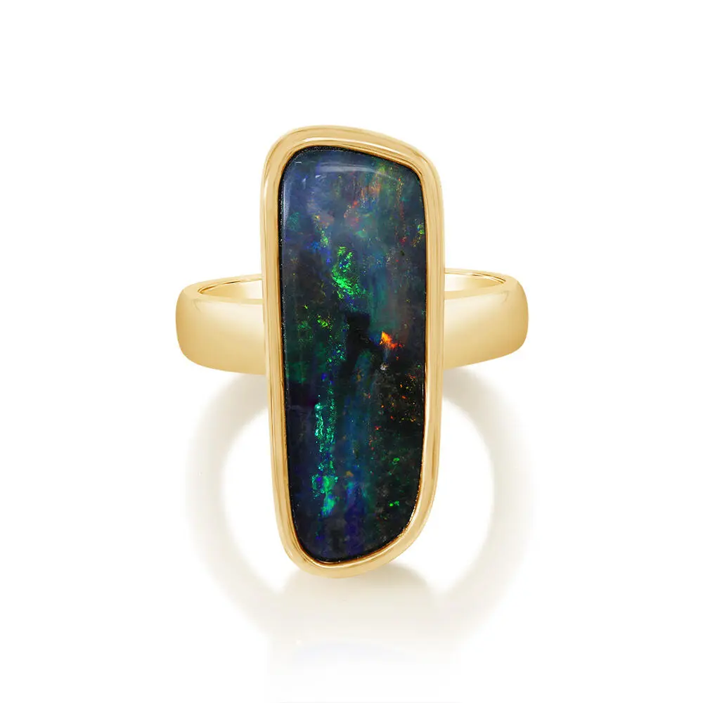14K Yellow Gold Australian Boulder Opal Smooth Shank Ring 14K Yellow Gold Australian Boulder Opal Smooth Shank Ring