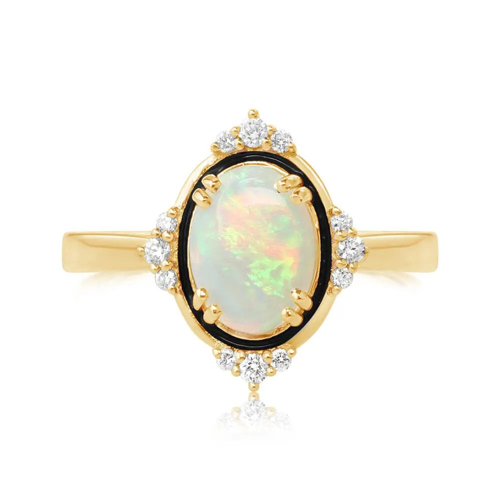 14K Yellow Gold Australian Opal/Diamond Ring with Black Enamel 14K Yellow Gold Australian Opal/Diamond Ring with Black Enamel