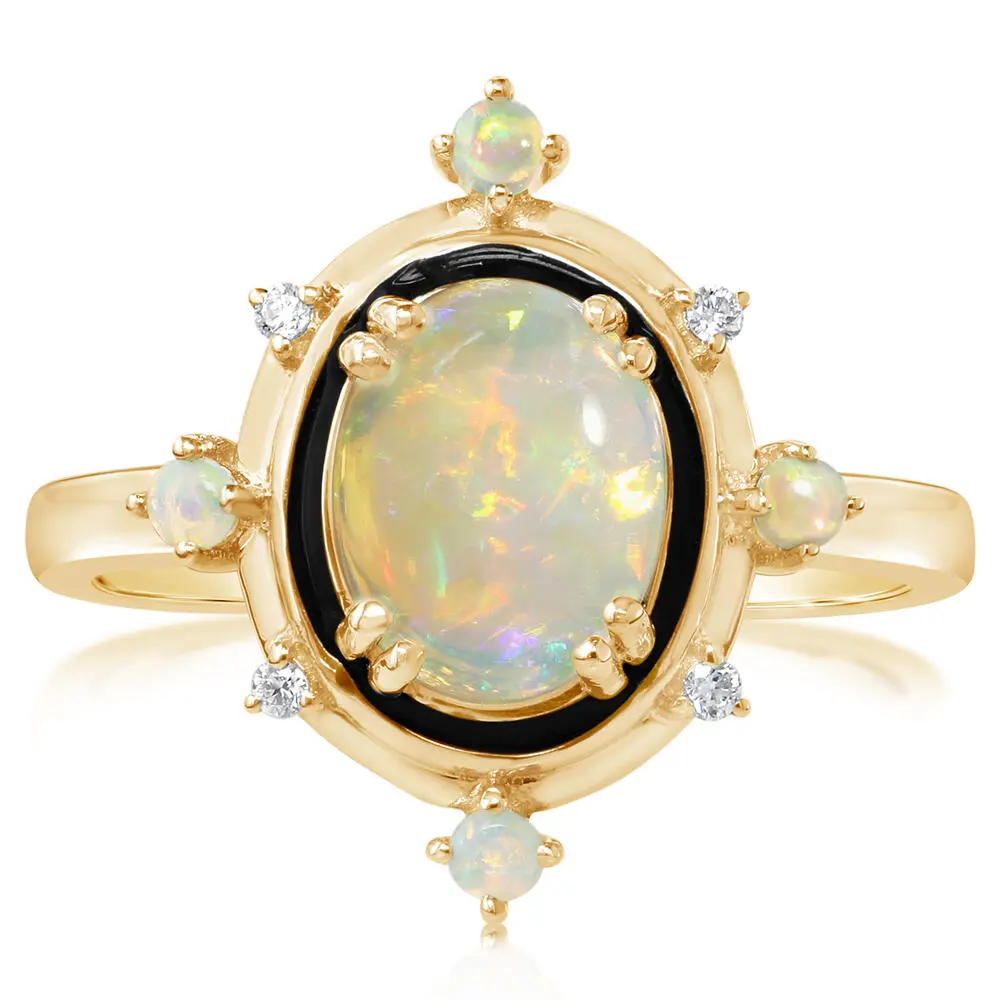 14K Yellow Gold Australian Opal/ Diamond Ring with Black Enamel 14K Yellow Gold Australian Opal/ Diamond Ring with Black Enamel