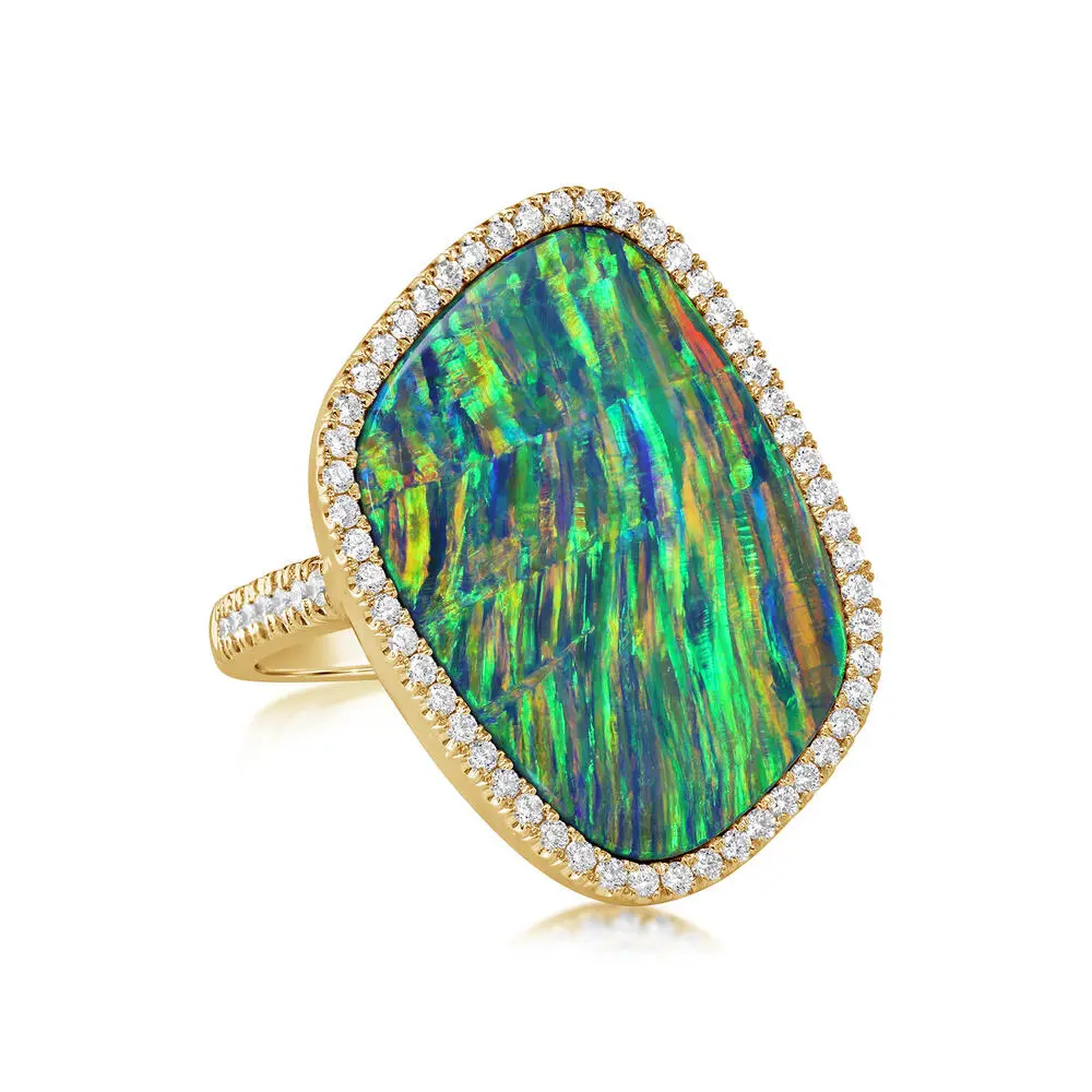 18K Yellow Gold Australian Opal Doublet/Diamond Ring
