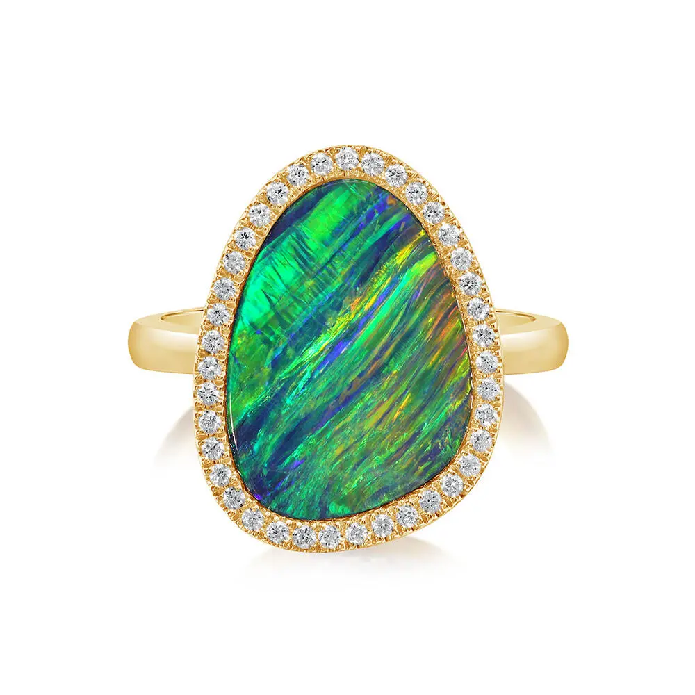 14K Yellow Gold Australian Opal Doublet/Diamond Ring