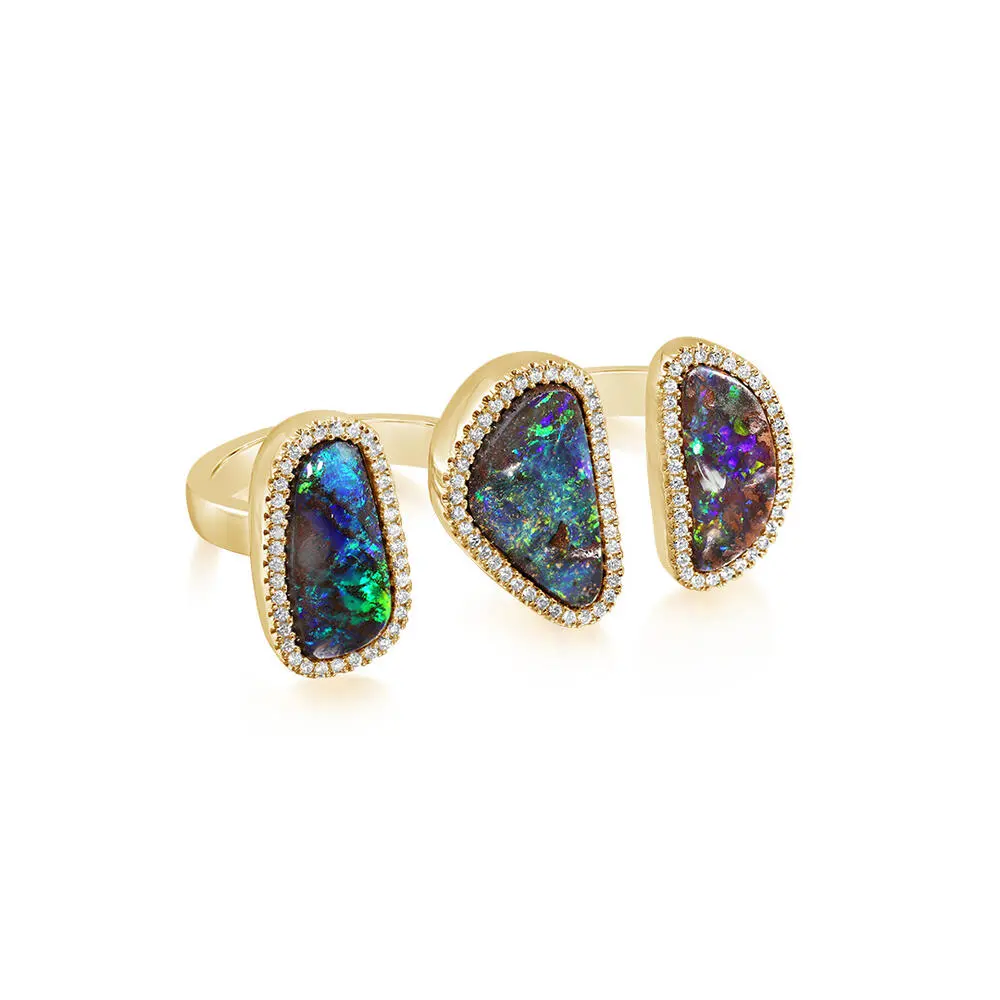 14K Yellow Gold Australian Boulder Opal/Diamond 3 Stone-2 Finger Ring
