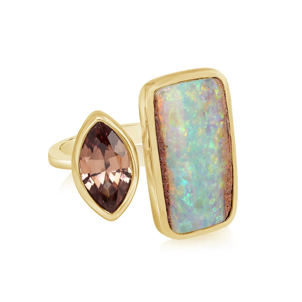 14K Yellow Gold Australian Boulder Opal/Lotus Garnet Ring 14K Yellow Gold Australian Boulder Opal/Lotus Garnet Ring