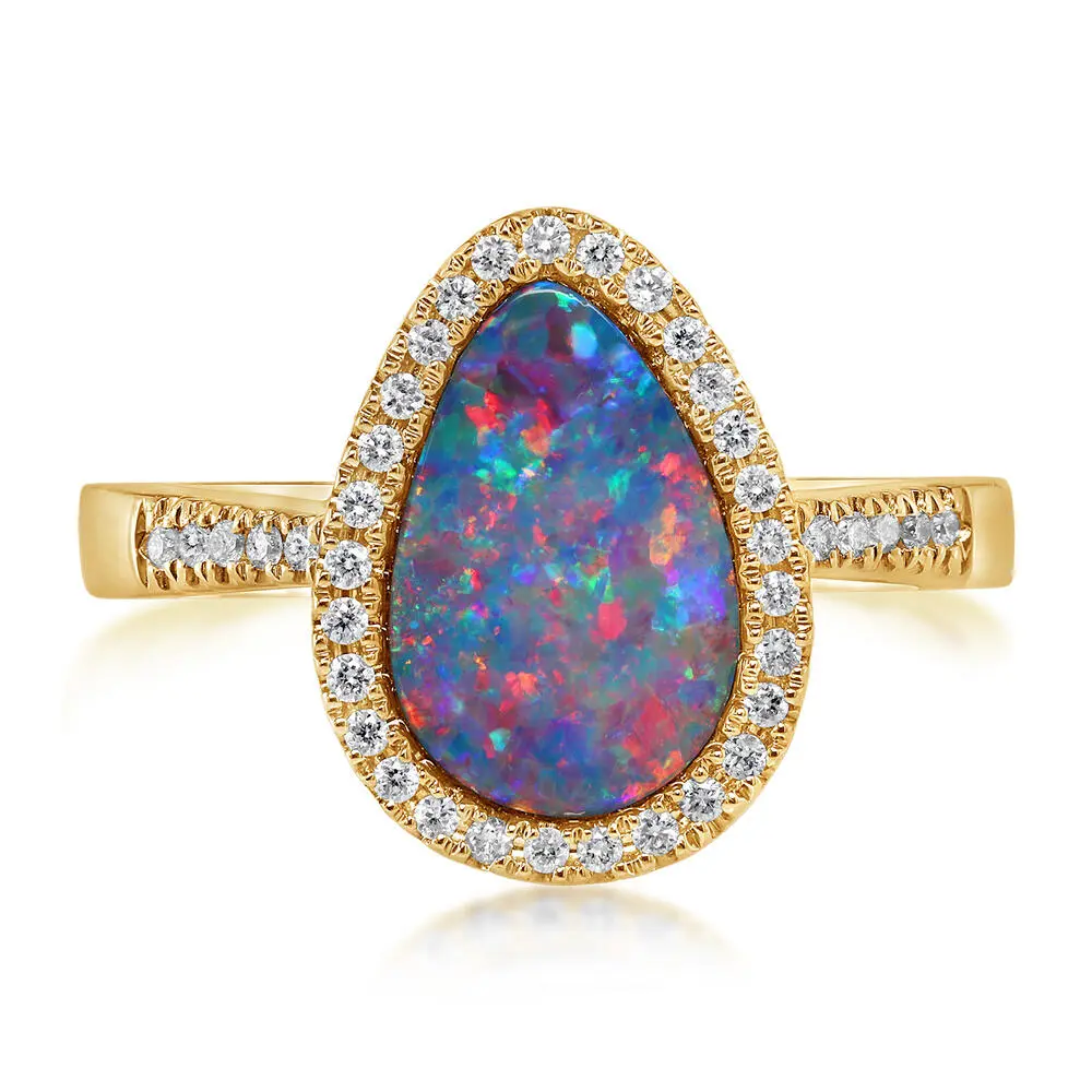 14K Yellow Gold Australian Opal Doublet/Diamond Ring