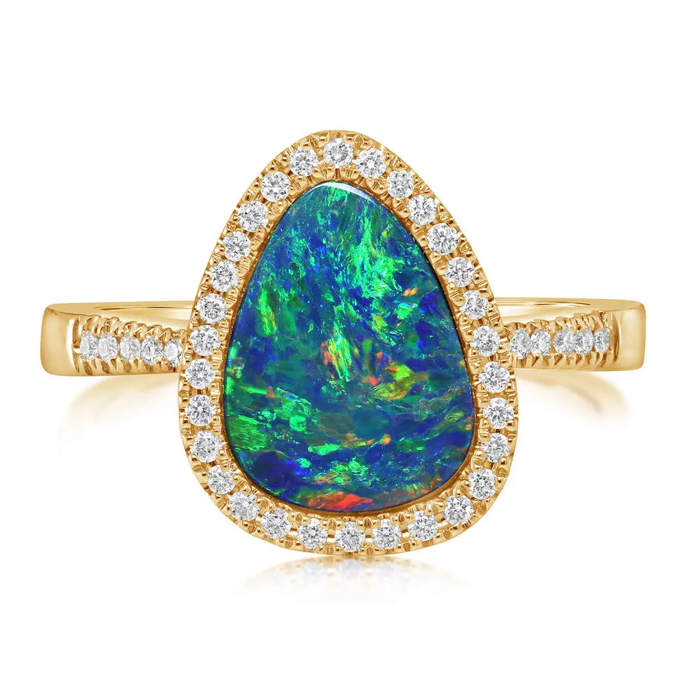 14K Yellow Gold Australian Opal Doublet/Diamond Ring