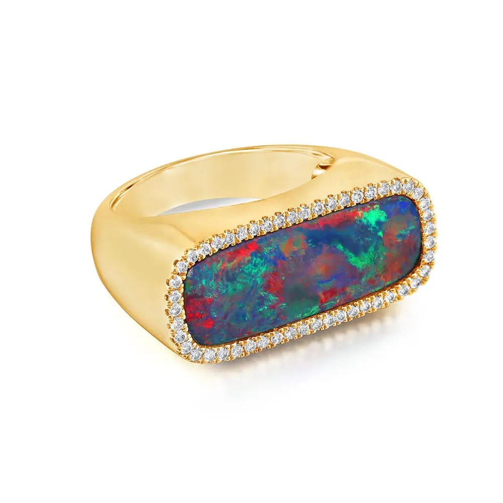 14K Yellow Gold Australian Opal Doublet/Diamond Ladies Signet Ring 14K Yellow Gold Australian Opal Doublet/Diamond Ladies Signet Ring