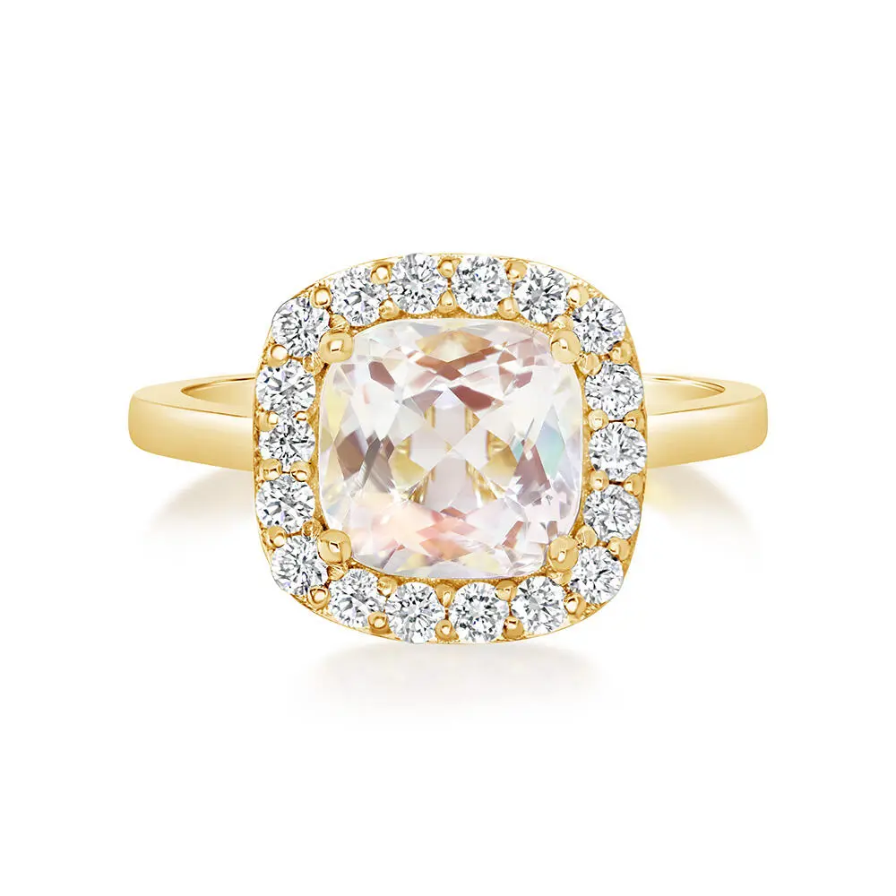 18K Yellow Gold Rainbow Moonstone/Diamond Ring