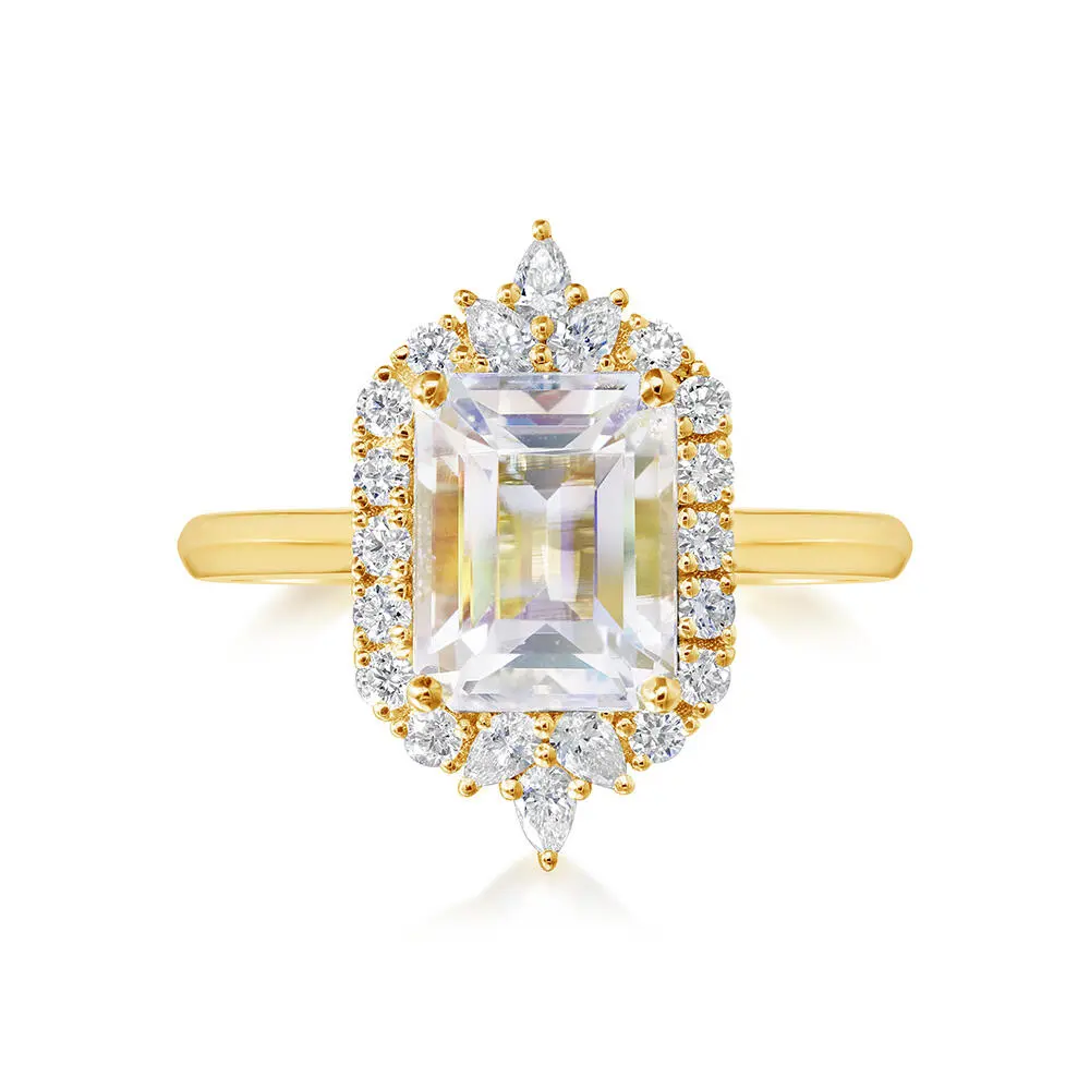 18K Yellow Gold Rainbow Moonstone/Diamond Ring
