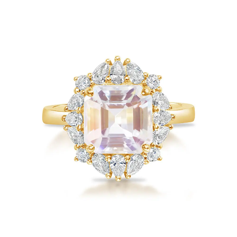 14K Yellow Gold Rainbow Moonstone/Diamond Ring