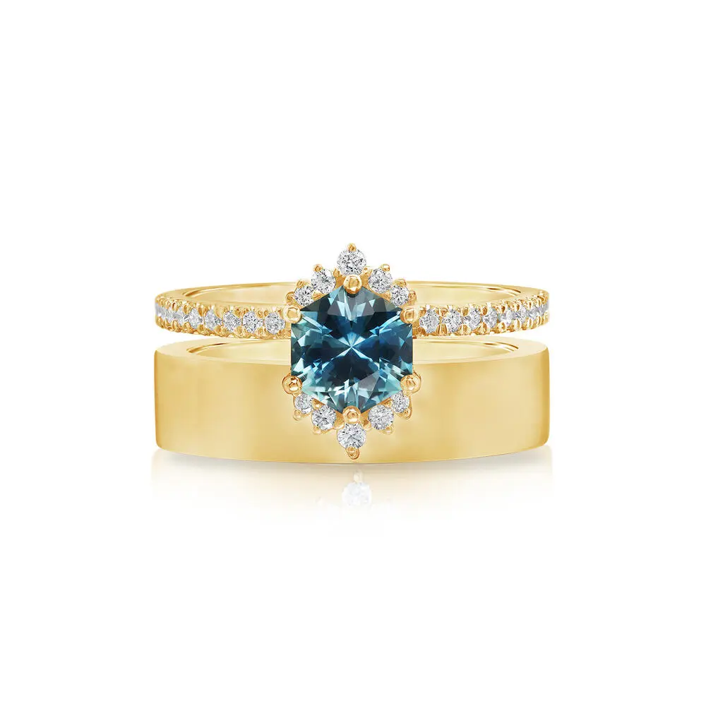 18K Yellow Gold Hexagon Montana Sapphire/Diamond Cigar Band Ring