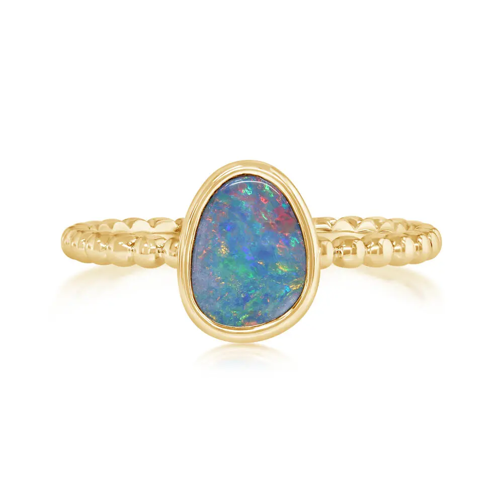 14K Yellow Gold Australian Opal Doublet Beaded Shank Ring 14K Yellow Gold Australian Opal Doublet Beaded Shank Ring