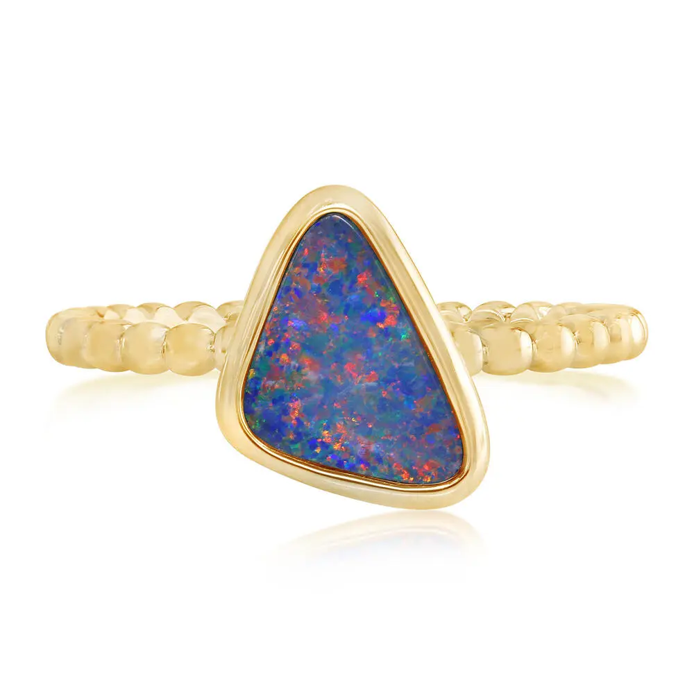 14K Yellow Gold Australian Opal Doublet Beaded Shank Ring
