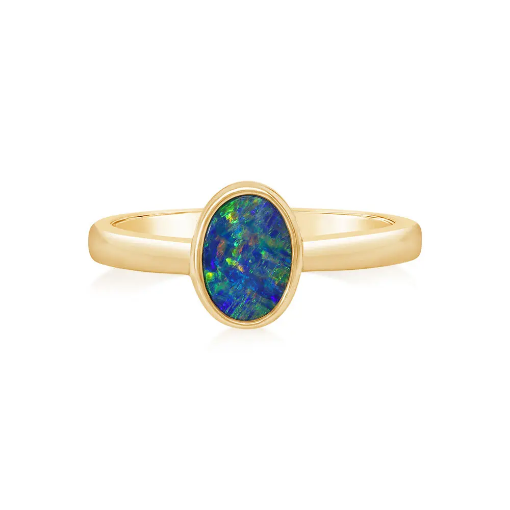 14K Yellow Gold Australian Opal Doublet Smooth Shank Ring 14K Yellow Gold Australian Opal Doublet Smooth Shank Ring