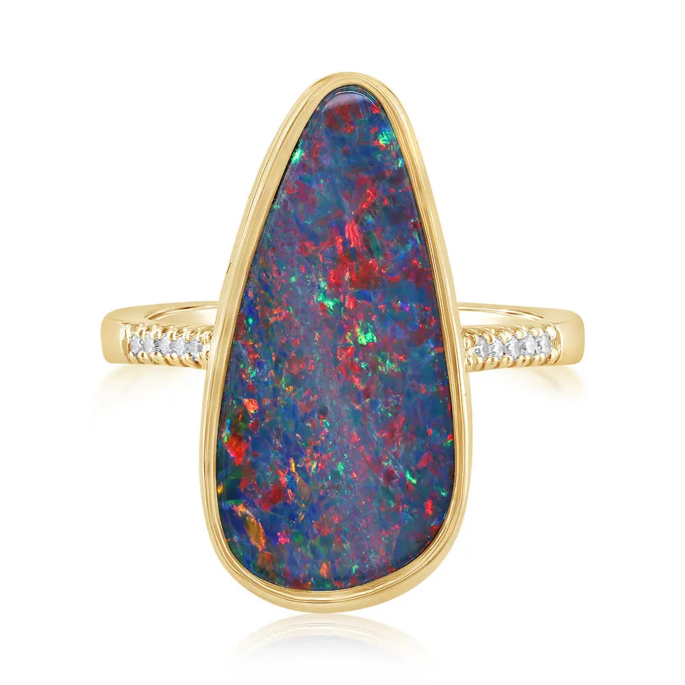 14K Yellow Gold Australian Opal Doublet/Diamond Ring 14K Yellow Gold Australian Opal Doublet/Diamond Ring