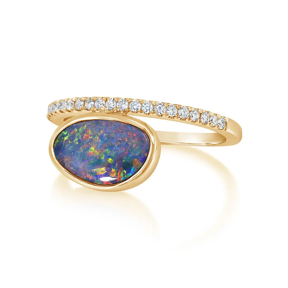 14K Yellow Gold Australian Opal Doublet/Diamond Ring 14K Yellow Gold Australian Opal Doublet/Diamond Ring