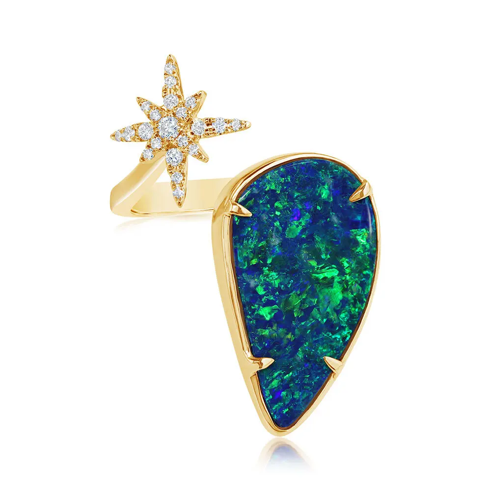 14K Yellow Gold Australian Opal Doublet/Diamond Star Ring