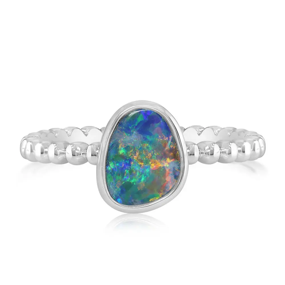 14K White Gold Australian Opal Doublet Beaded Shank Ring