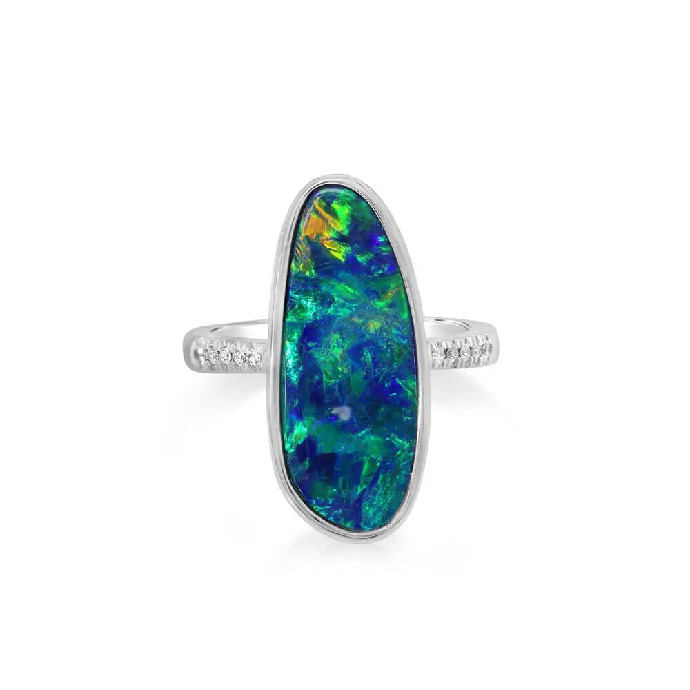 14K White Gold Australian Opal Doublet/Diamond Ring