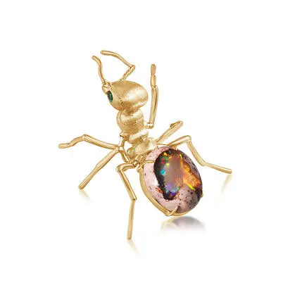 14K Yellow Gold Mexican Fire Opal/Tsavorite Fire Ant Lapel Pin with Ylw Plated Post-Back<br>AFOBO1400436C