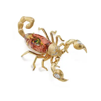 14K Yellow Gold Mexican Fire Opal/Diamond Scorpion Brooch, AFOBO4001416C, $8,495.00