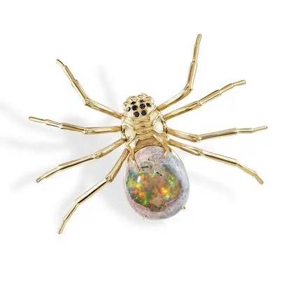 14K Yellow Gold Mexican Fire Opal/Black Diamond Lapel Pin with Yellow Plated Post/Back | AFOBO700687C