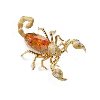 14K Yellow Gold Mexican Fire Opal/Diamond Scorpion Brooch | AFOBO800442C