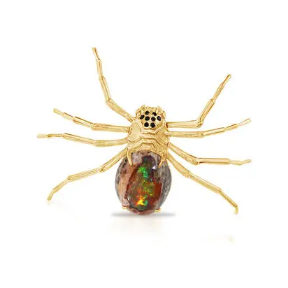 14K Yellow Gold Mexican Fire Opal/Black Diamond Spider Lapel Pin with Yellow Plated Post/Back<br>AFOBO816450C