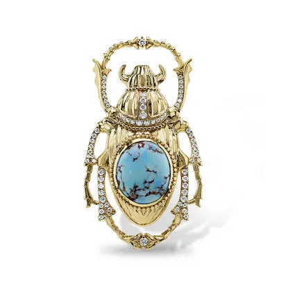 14K Yellow Gold Kazakhstan Turquoise/Diamond Scarab Brooch<br>AKQOV998794CI