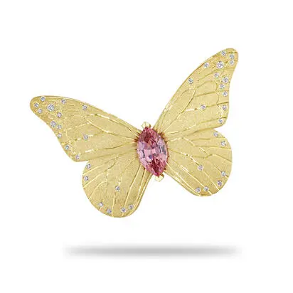 18K Yellow Gold Lotus Garnet/Diamond Butterfly Pin<br>ALGMQ709180E