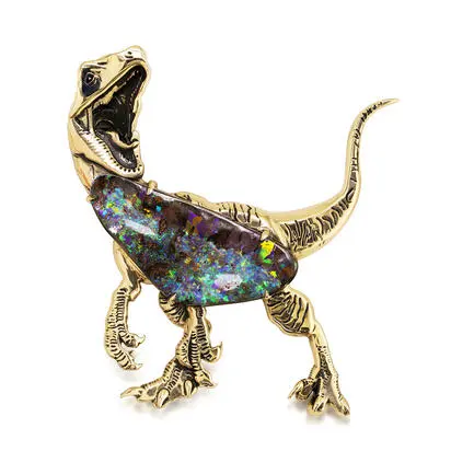 14K Yellow Gold Australian Boulder Opal Velociraptor Brooch | AMBO4A1439C