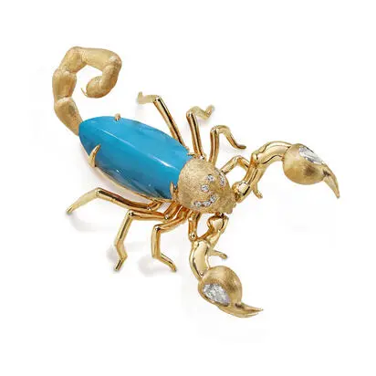 14K Yellow Gold Arizona Turquoise/Diamond Scorpion Brooch | AQMQ963561C