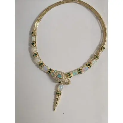 18K Yellow Gold Australian Opal/Tsavorite/Diamond Snake Bangle | BCO325N1AEI