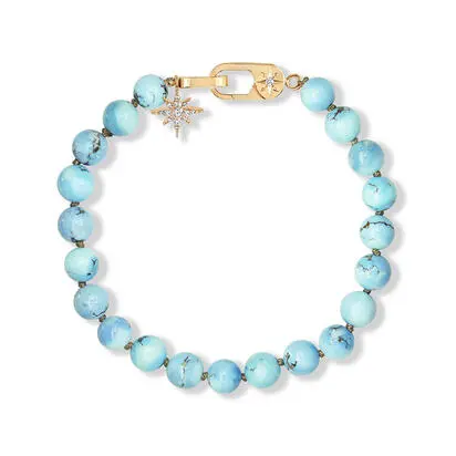 14K Yellow Gold 6.90mm-7.6mm Round Bead Golden Hill Turquoise/Diamond Strand Bracelet<br>BKQST991147-2C