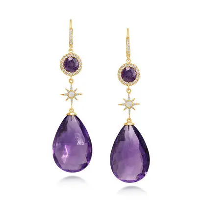 18K Yellow Gold Amethyst/Pyrope Garnet/Australian Opal/Diamond Earrings<br>EA2BT9903979E