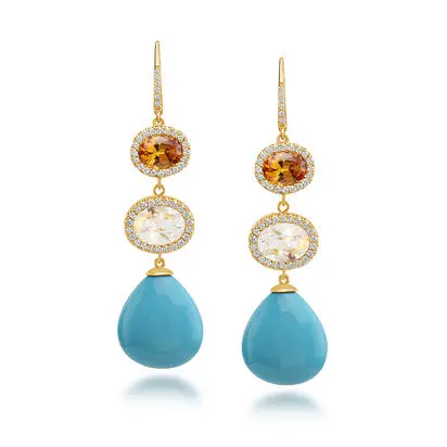18K Yellow Gold Arizona Turquoise/Moonstone/Mandarin Garnet/Diamond Earrings<br>EAQBR9722529E
