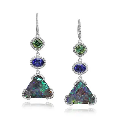 18K White Gold Boulder Opal/Blue-Green Tourmaline/Tanzanite/Diamond Earrings<br>EBOFF7961865Q