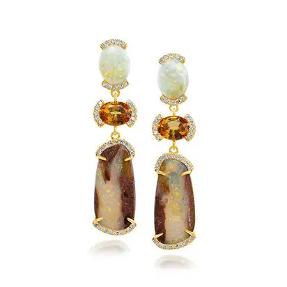 18K Yellow Gold Boulder Opal/Australian Opal/Mandarin Garnet/Diamond Earrings<br>EBOFF9371001E
