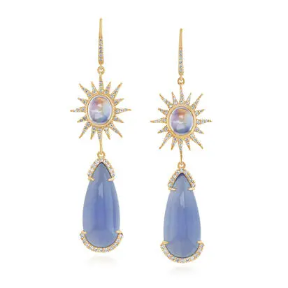 18K Yellow Gold Blue Chalcedony/Rainbow Moonstone/Diamond Earrings, ECAPR9772875E, $21,645.00