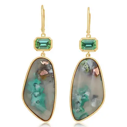 14K Yellow Gold Confetti Chrysocolla/Blue Green Tourmaline Earrings, ECCFFPR0803835C, $9,545.00