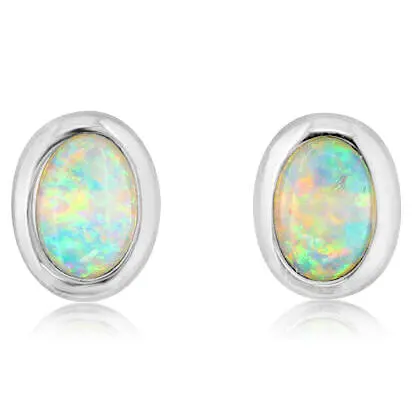 14K White Gold 4x6 Oval Australian Opal Earrings | ECO265N2XWI