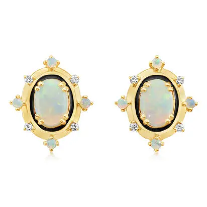 14K Yellow Gold Australian Opal/ Diamond Earrings with Black Enamel | ECO322N11CI