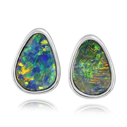 14K White Gold Australian Opal Doublet Small Plain Bezel Earrings<br>EDBTW01-13I<div class='big'>Call for current price</div>