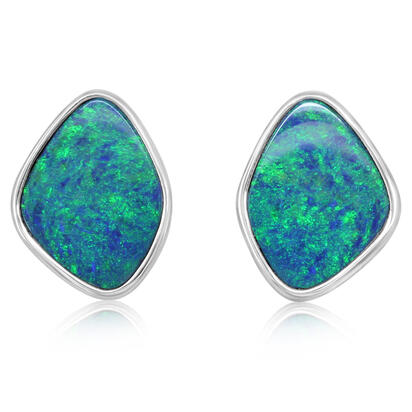 14K White Gold Australian Opal Doublet Small Plain Bezel Earrings 14K White Gold Australian Opal Doublet Small Plain Bezel Earrings