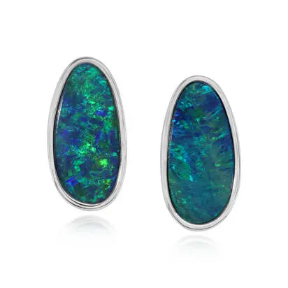 14K White Gold Australian Opal Doublet Small Plain Bezel Earrings, EDBTW01-15I, $3,095.00