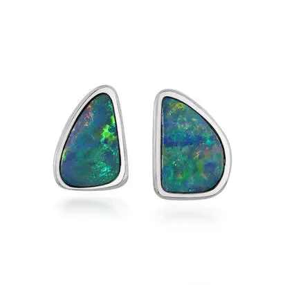 14K White Gold Australian Opal Doublet Small Plain Bezel Earrings, EDBTW01-18I, $4,045.00