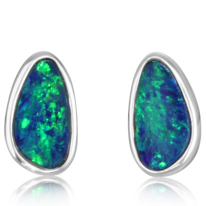 14K White Gold Australian Opal Doublet Small Plain Bezel Earrings 14K White Gold Australian Opal Doublet Small Plain Bezel Earrings