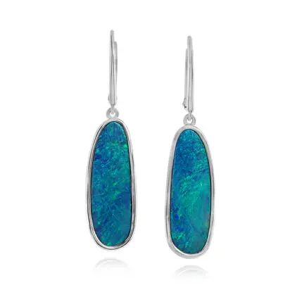 14K White Gold Australian Opal Doublet Plain Bezel Leverback Earrings, EDBTW13-42I, $4,745.00