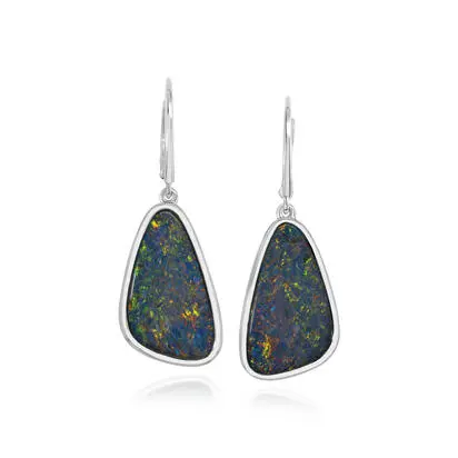 14K White Gold Australian Opal Doublet Plain Bezel Leverback Earrings, EDBTW13-48I, $5,495.00